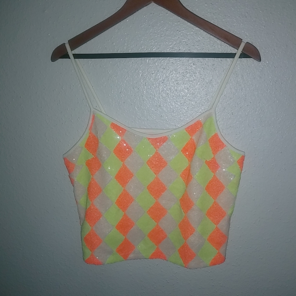 Solemio L Y2K Crop Tank Top Harlequin Highlighter Sequins Top